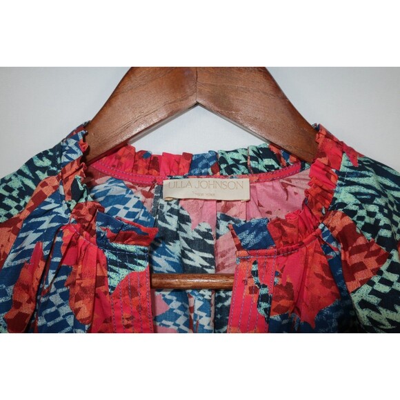 Ulla Johnson Flamingo Tillie Top Cotton Poplin Puff Sleeves Split Neck Multi 2 - Picture 5 of 11